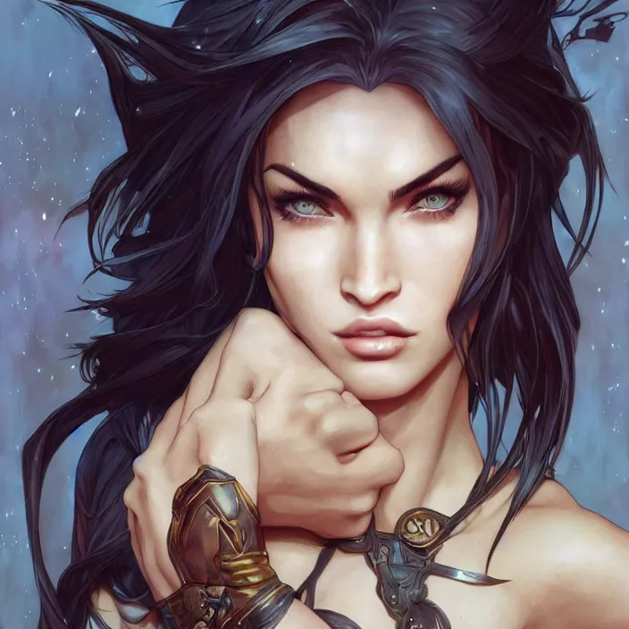 Prompt: megan fox in the style of final fantasy 7 by artgerm, greg rutkowski, alphonse mucha