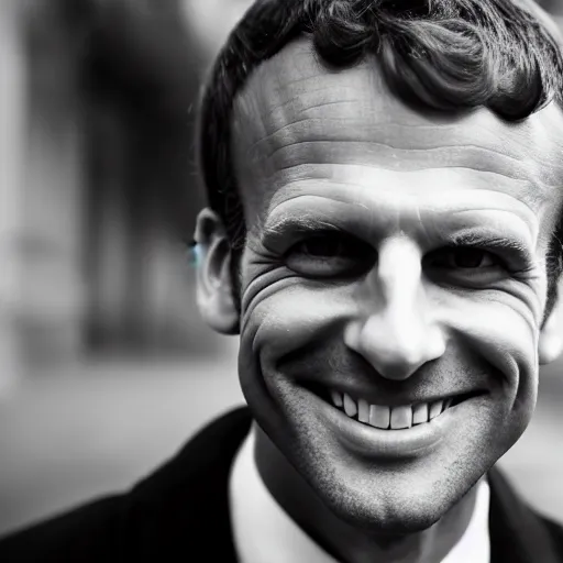 Image similar to closeup portrait of emmanuel macron smiling trying to rob you at gunpoint in a smoky back street, natural light, sharp, detailed face, magazine, press, photo, steve mccurry, david lazar, canon, nikon, focus