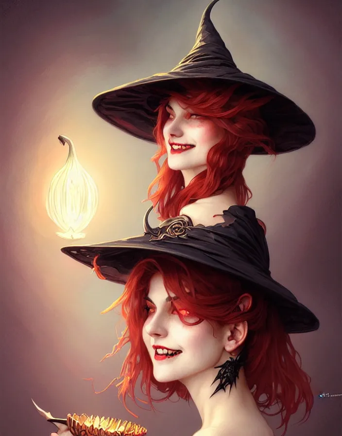 Image similar to halloween witch woman in a hat smiles, fantasy magic, undercut hairstyle, dark light night, intricate, elegant, sharp focus, illustration, highly detailed, digital painting, concept art, matte, art by wlop and artgerm and greg rutkowski and alphonse mucha, masterpiece