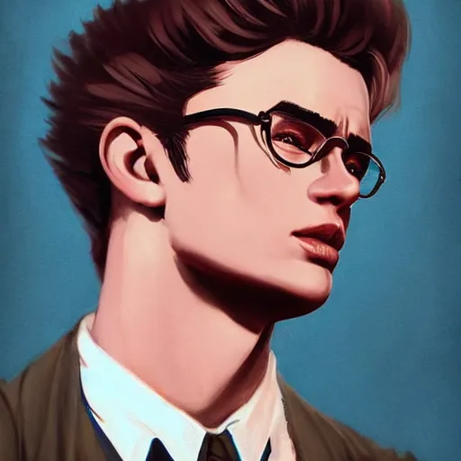 Image similar to a highly detailed epic cinematic concept art CG render digital painting artwork costume design: young James Dean as a neat perfect formal 1950s Soviet student in a school uniform. By Greg Rutkowski, Ilya Kuvshinov, WLOP, Stanley Artgerm Lau, Ruan Jia and Fenghua Zhong, trending on ArtStation, made in Maya, Blender and Photoshop, octane render, excellent composition, cinematic atmosphere, dynamic dramatic cinematic lighting, aesthetic, very inspirational, arthouse