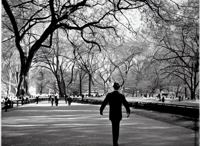 Image similar to a 35mm photograph of a man walking in Central Park in New York City in the 1960's, bokeh, Canon 50mm, cinematic lighting, photography, retro, film, Kodachrome