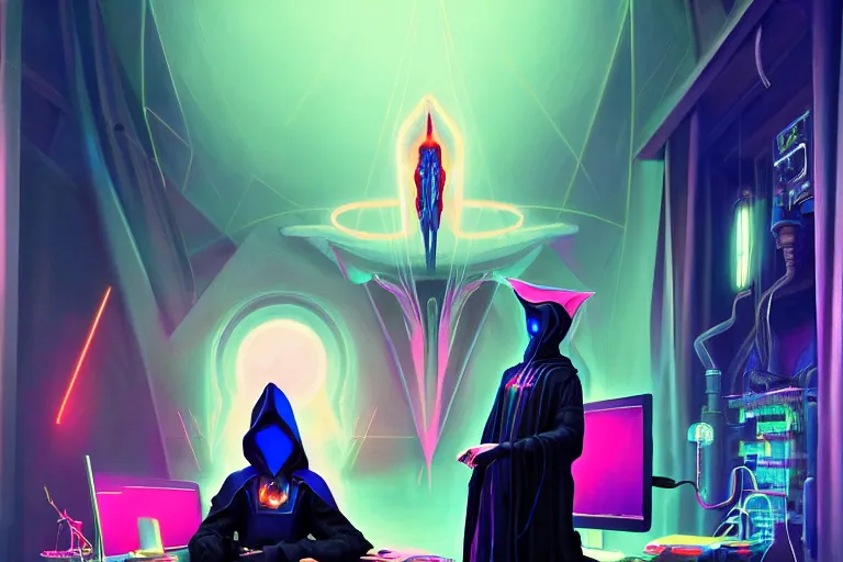 Prompt: a beautiful masterpiece painting of a cybernetic technomancer wizard in robes with pointed hood discussing sentience with 3 of his synthesized AI djinn in his laboratory near a computer by Remedios Varo and Anato Finnstark and Greg Rutkowski, dayglo pink, dayglo blue, dazzle camouflage!, 8k, trending on ArtStation