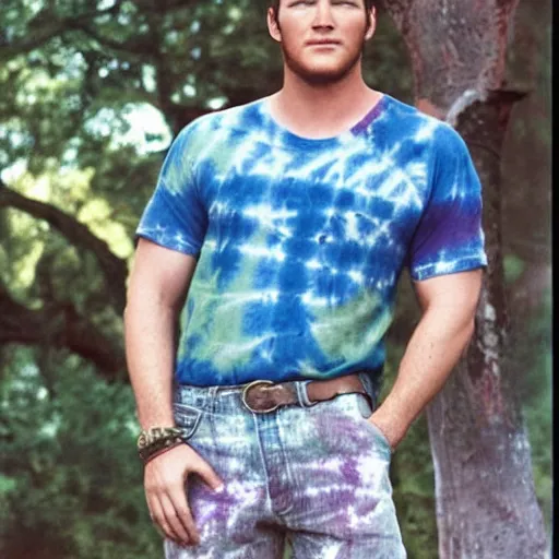 Image similar to chris pratt in a tie dye tshirt with rainbow shorts in the 1 9 6 0 s