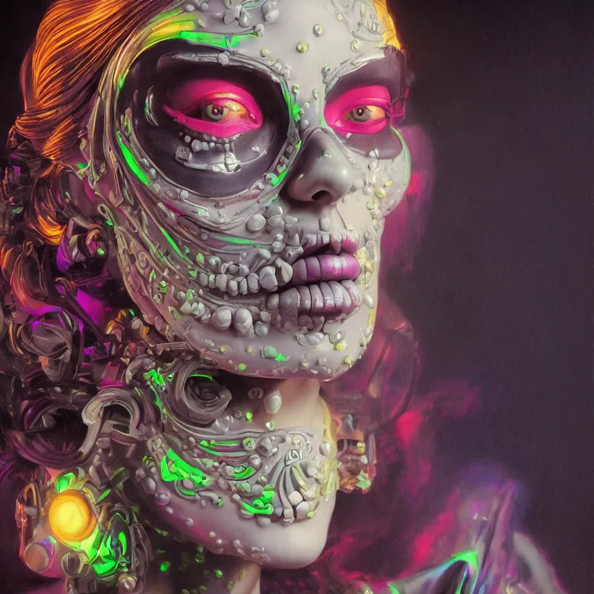 Prompt: a baroque neoclassicist close - up portrait of a colorful retrofuturistic cyborg woman wearing blacklight uv day of the dead makeup, glowing fog in the background. renaissance portrait painting. highly detailed science fiction painting by norman rockwell, frank frazetta, and syd mead. rich colors, high contrast, gloomy atmosphere, dark background. trending on artstation