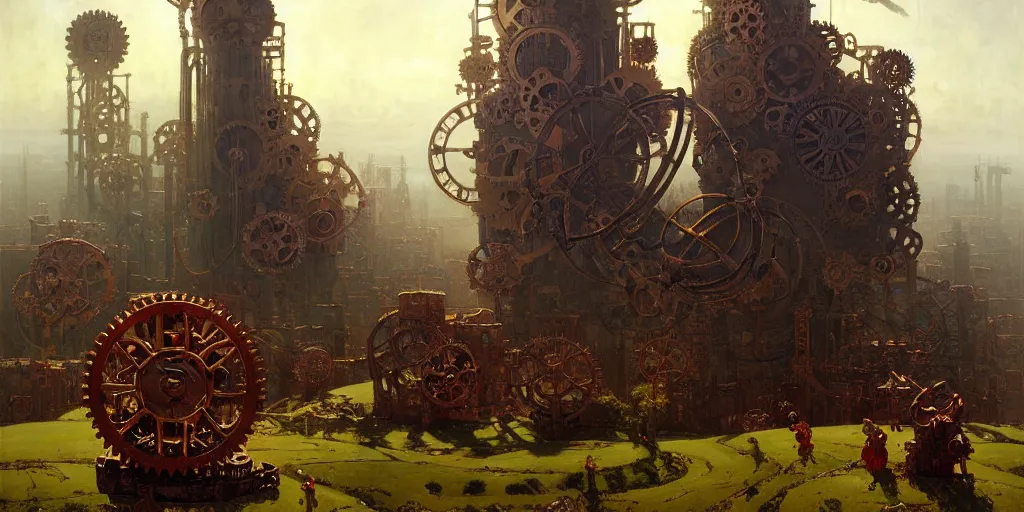 Prompt: giant interlocked gears cogs clockwork, giant mechanisms, industry, villages castles, buildings vista artstation illustration sharp focus sunlit vista painted by ruan jia raymond swanland lawrence alma tadema zdzislaw beksinski norman rockwell tom lovell alex malveda greg staples