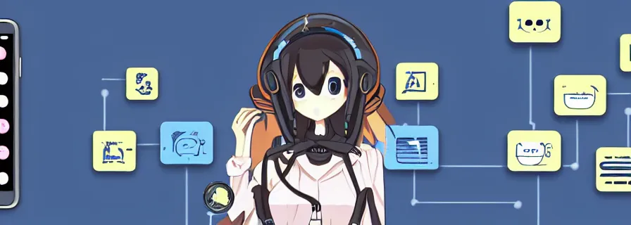 Image similar to anthropomorphic connected automated social bot network, panorama art, direct lines, cute teasing anime girl