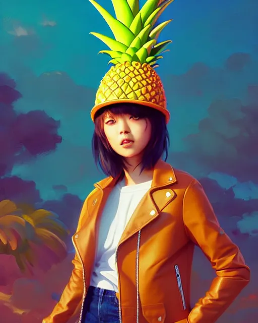 Image similar to pineapple girl wearing a candy hat and leather jacket, fine detail!! anime!! realistic shaded lighting!!, kim hyun joo, digital painting by ilya kuvshinov, magali villeneuve, artgerm, jeremy lipkin and michael garmash and rob rey