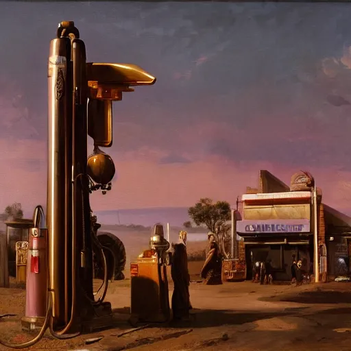 Image similar to painting of syd mead artlilery scifi organic shaped gas pump with ornate metal work lands on a farm, fossil ornaments, volumetric lights, purple sun, andreas achenbach