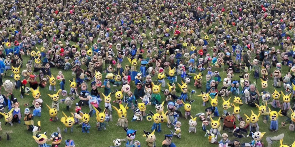 Prompt: an army of pokemon taking over the world