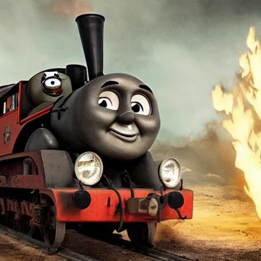 Image similar to evil chthonic Thomas the Tank Engine in the fiery Wasteland of MAD MAX: FURY ROAD