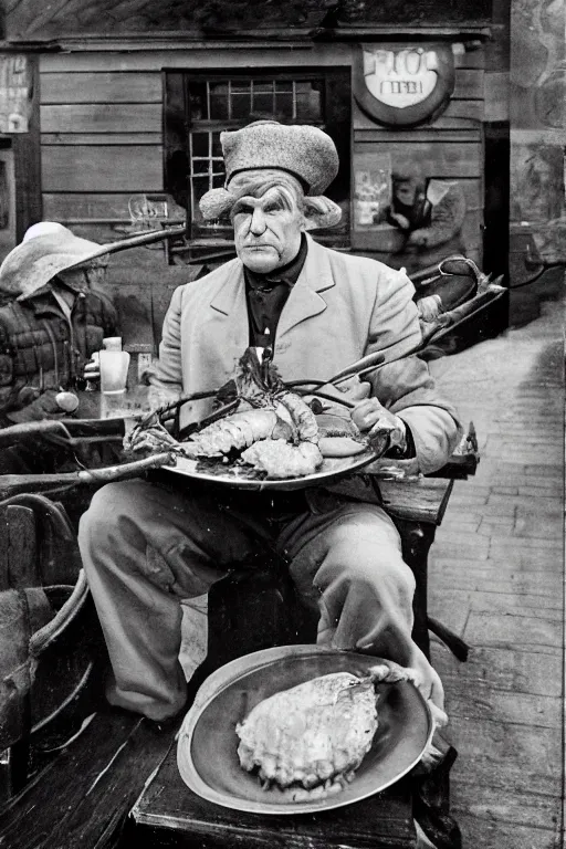 Prompt: the gortons fisherman at red lobster eating a lobster, in the style of eugene atget and peter witkin