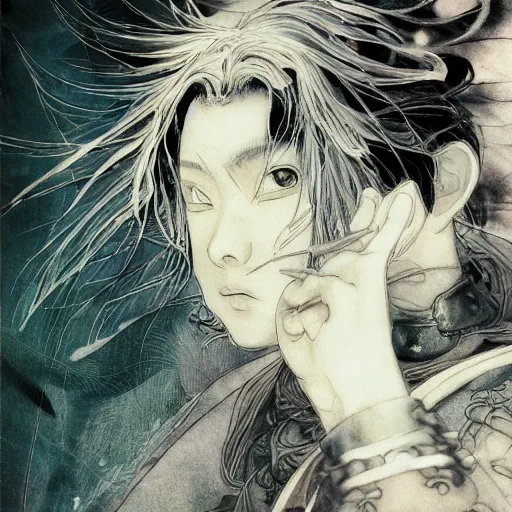 Prompt: yoshitaka amano blurred and dreamy realistic illustration of a phil lamarr with black eyes, wavy white hair fluttering in the wind wearing elden ring armor with engraving, abstract patterns in the background, satoshi kon anime, noisy film grain effect, highly detailed, renaissance oil painting, weird portrait angle, blurred lost edges, three quarter view