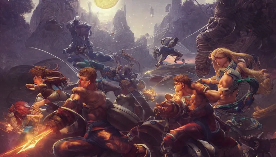 Image similar to epic masterpiece tournament, hyperrealistic, octane render, cinematic, night, moon, street fighter, by Edgar Maxence and Ross Tran and Michael Whelan, Lorenzo Sperlonga Legends of Runeterra