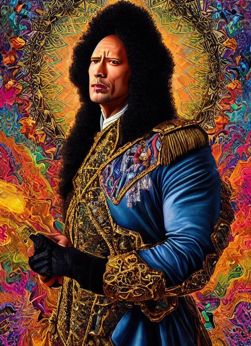 Prompt: beautiful oil painting, full length portrait of Dwayne the rock Johnson as Louis xiv in coronation robes 1701, Dan Mumford, Dan Mumford, Alex grey, Alex grey, lsd visuals, dmt fractal patterns, entheogen, psychedelic art, hallucinogen, highly detailed, ornate, vaporwave