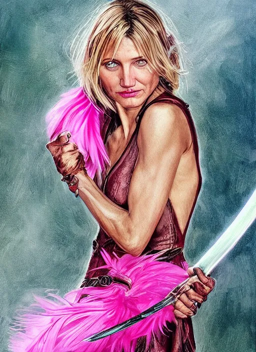 Image similar to serious looking Cameron Diaz as a ruggedly handsome heroine wearing pink feathers and wielding a glowing sword, intricate, elegant, tasteful, highly detailed, centered, digital painting, artstation, concept art, smooth, sharp focus, illustration, art by artgerm and donato giancola and Joseph Christian Leyendecker, WLOP