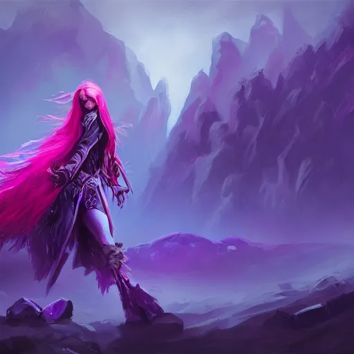 Image similar to necromancer glowing with purple magic, red hair, female, glacier landscape, D&D, fantasy, intricate, elegant, highly detailed, digital painting, artstation, concept art, matte, sharp focus, illustration, art by Ben Quilty