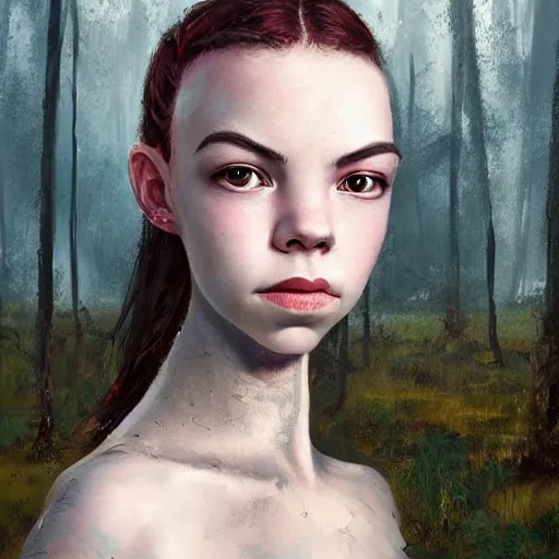 Prompt: fantasy portrait of a bald-headed girl in the style of Anya Taylor with black scars on her face, swamp vegetation in the backround, nocturnal palette, art by Greg Rutowski, Raphael Lacoste, Eddie Mendoza