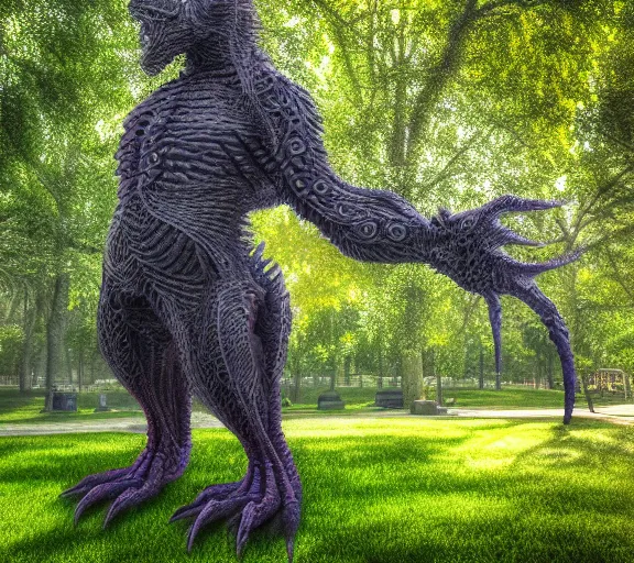 Image similar to a new creature that no one has ever seen before, in a park. highly detailed 8 k. intricate. lifelike. soft light. nikon d 8 5 0. cinematic post - processing