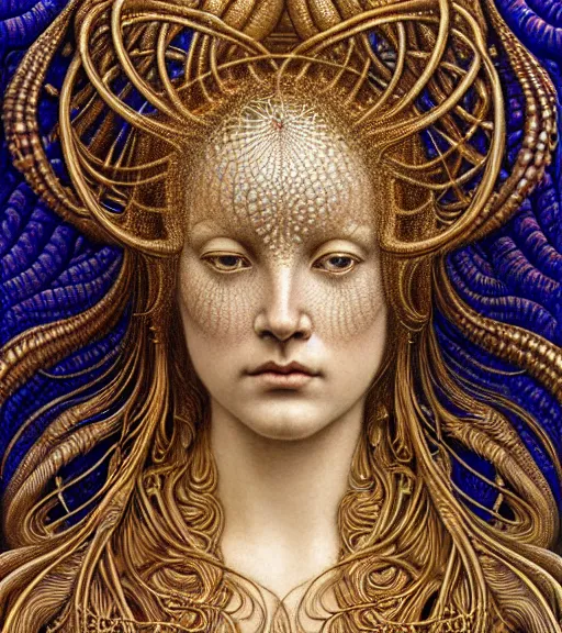 Prompt: detailed realistic beautiful gold goddess face portrait by jean delville, gustave dore, iris van herpen and marco mazzoni, art forms of nature by ernst haeckel, art nouveau, symbolist, visionary, gothic, neo - gothic, pre - raphaelite, fractal lace, intricate alien botanicals, biodiversity, surreality, hyperdetailed ultrasharp octane render