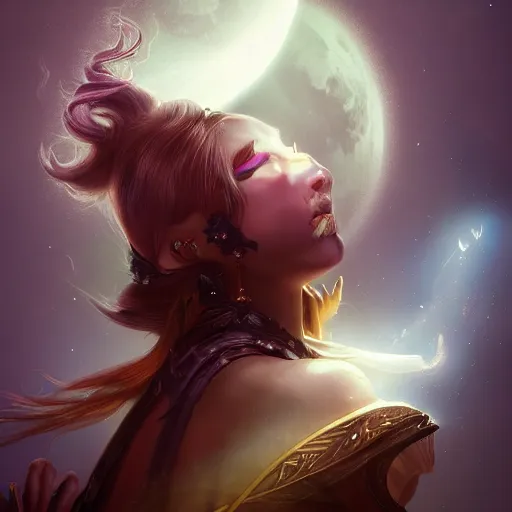 Prompt: fantasy portrait of moon witch, beautiful, attractive, glowing, jaw dropping, dynamic lighting, dark, menacing, 4 k octane render, age 2 0