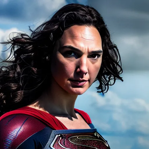 Image similar to an potrait of gal gadot play Man of Steel replacing Henry Cavill, photorealistic, high detail, photo studio, testing custom, 4k