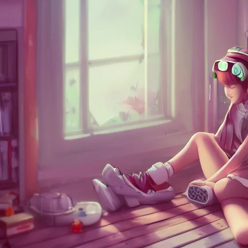 Prompt: lofi hiphop girl sitting in her room with headphones on by Wenqing Yan, WLOP, Zumidraws, OlchaS Logan cure, liang Xing ArtstationHD