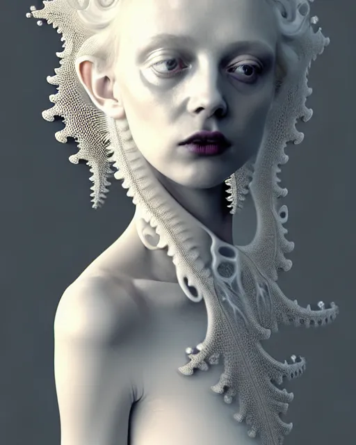 Image similar to dreamy foggy soft luminous bw 3 d octane render, beautiful spiritual angelic biomechanical mandelbrot fractal albino girl cyborg with a porcelain profile face, very long neck, halo, white smoke, rim light, big leaves and stems, fine foliage lace, alexander mcqueen, art nouveau fashion pearl embroidered collar, steampunk, silver filigree details, hexagonal mesh wire, elegant