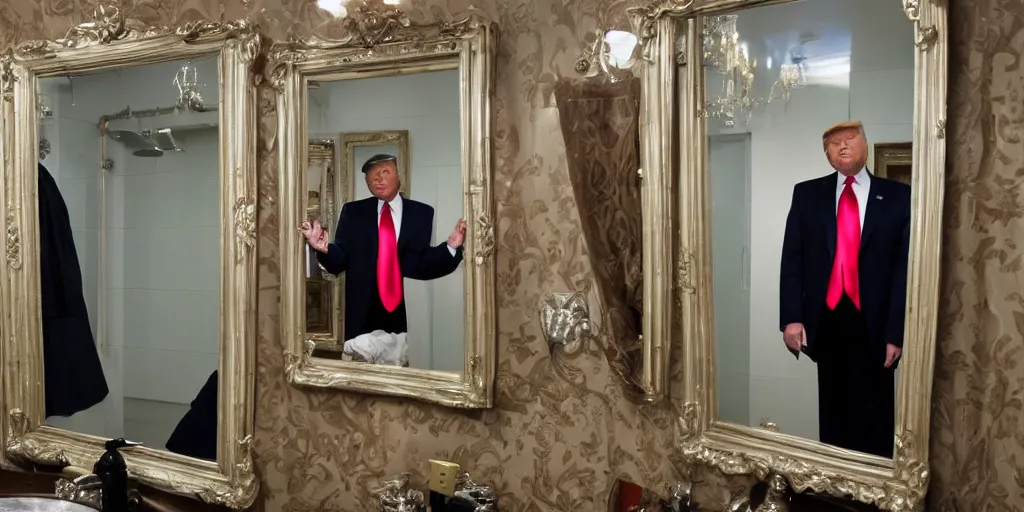 Image similar to ultra wide angle photo of donald trump dressed as willy wonka, from willy wonka and the chocolate factory, looking at himself in a bathroom mirror and seeing his reflection as an oompa loompa version of himself