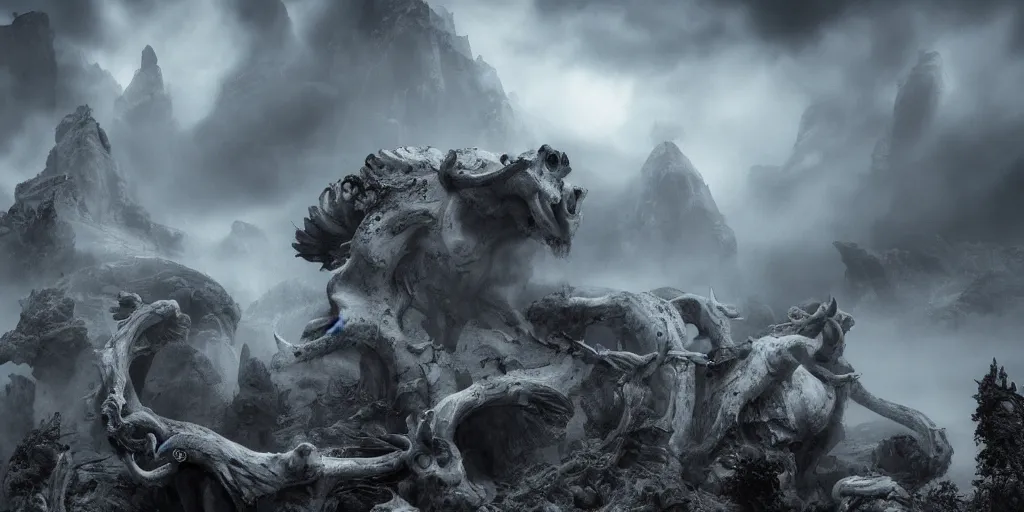 Image similar to white bird skulls, ram skulls, grand imposing powerful sculpture. swirls of mist. occult photorealism, uhd, amazing depth, volumetric lighting, cinematic lighting. epic landscape.