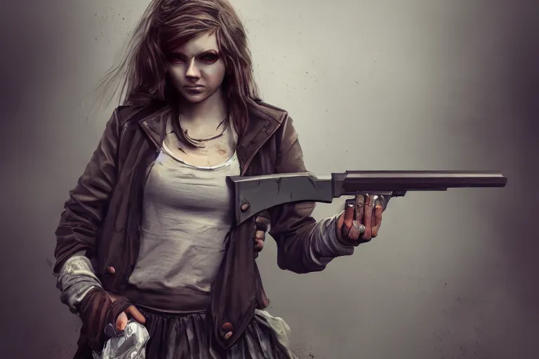 Prompt: girl in trash rags holding a revolver, character concept, valorant style, digital art, many details, super realistic, high quality, 8 k