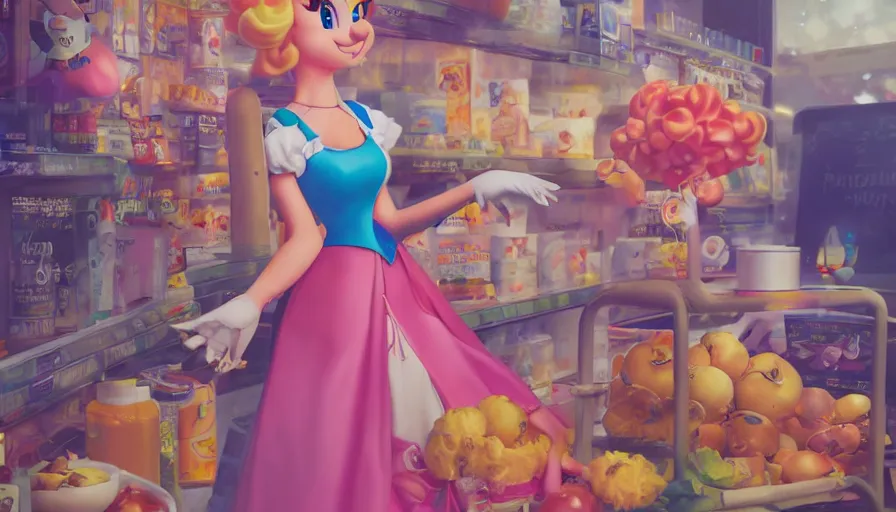 Image similar to photography of princess peach from mario in a grocery store with frock, in the mushroom kingdom, mario theme grocery store around, winter, anime style character, clean soft lighting, backlit beautiful face, clean brush stroke, 8 k character concept art, by wolp and artgerm ， 3 d