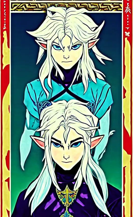 Image similar to link as the fierce diety form with white hair!! from the legend of zelda!! portrait illustration, pop art, splash painting, art by geof darrow, ashley wood, alphonse mucha, makoto shinkai