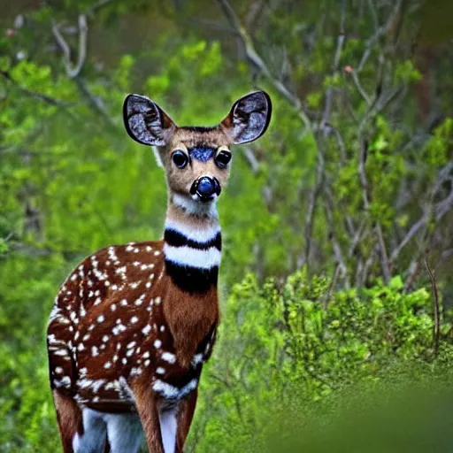 Image similar to a beautiful spotted deer in the woods, rocket launchers on the deers back