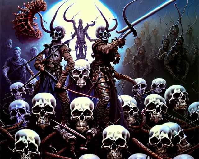 Image similar to the army of darkness and skulls, fantasy character portrait made of fractals facing each other, ultra realistic, wide angle, intricate details, the fifth element artifacts, highly detailed by peter mohrbacher, hajime sorayama, wayne barlowe, boris vallejo, aaron horkey, gaston bussiere, craig mullins