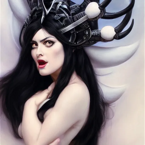 Image similar to An Attractive woman with Black hair wearing a white dress with curved demon horns lustfully looking into the camera, detailed, centered, digital painting, artstation, concept art, donato giancola, Joseph Christian Leyendecker, WLOP, Boris Vallejo, Breathtaking, 8k resolution, extremely detailed, beautiful, establishing shot, artistic, hyperrealistic, beautiful face, octane render, cinematic lighting, dramatic lighting, masterpiece