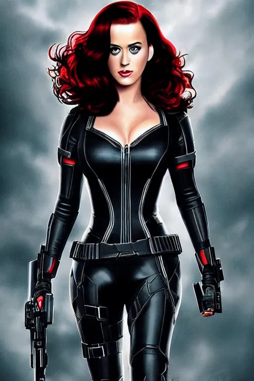 Image similar to katy perry as black widow in the avengers, portrait realistic photograph, very detailed face