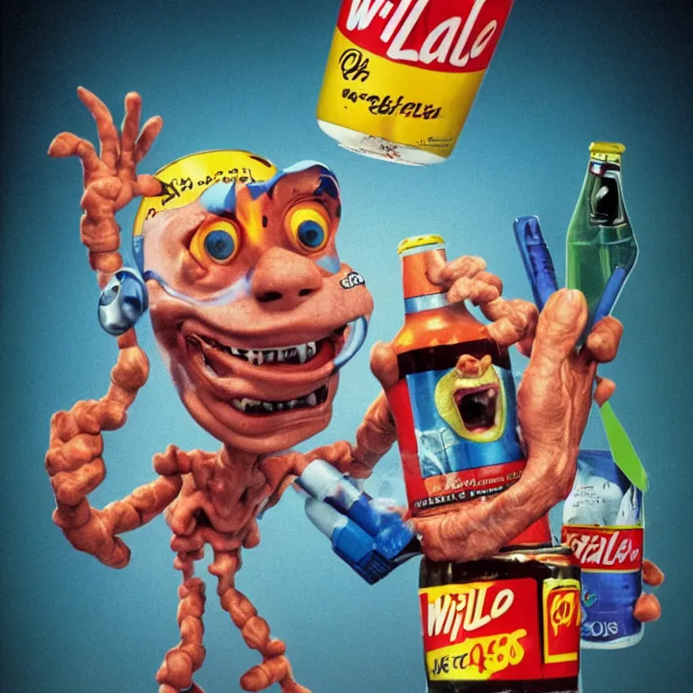 Image similar to 1 9 9 0's wild advertisement octane render portrait by wayne barlow and carlo crivelli and glenn fabry and pixar, a crazed humanoid cartoon leapord smoking a cigarette while holding up a colorful neon blue energy drink while standing on a playground, cinema 4 d, ray traced lighting, very short depth of field, bokeh