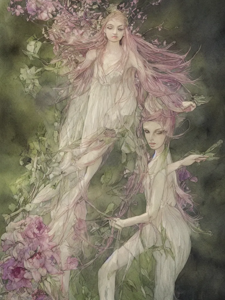 Image similar to study of a flower fairy, illustration, watercolor, alan lee, detailed, pretty, ethereal, realistic, artstation,