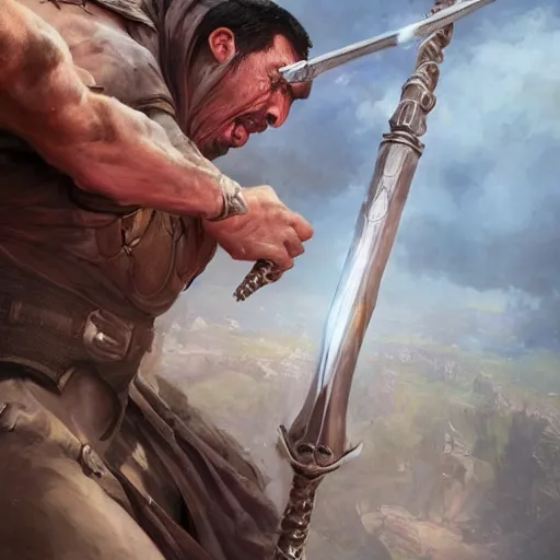 Image similar to portait of a adam sandler swinging his long sword, front game card, drark, marvel comics, dark, intricate, highly detailed, smooth, artstation, digital illustration by ruan jia and mandy jurgens and artgerm and wayne barlowe and greg rutkowski and zdislav beksinski