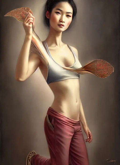 Image similar to a fantasy portrait painting of a beautiful Vietnamese nymph wearing a tanktop and sweatpants, art by Stanley Artgerm, Tom Bagshaw