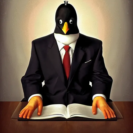 Prompt: a penguin in a suit giving legal advice, digital illustration portrait design by, Mark Brooks and Brad Kunkle detailed, gorgeous lighting, wide angle action dynamic portrait