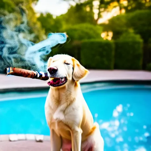 Image similar to a very detailed photo of a dog smoking a cigar outside the mansion by the pool