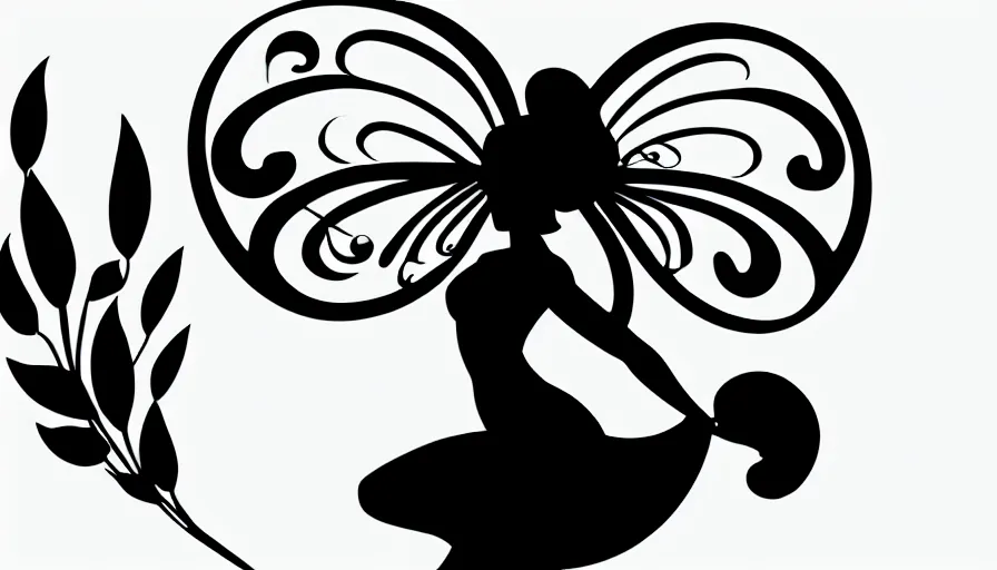 Prompt: flat black vector silhouette of a fairy, pure white background, 4 k resolution