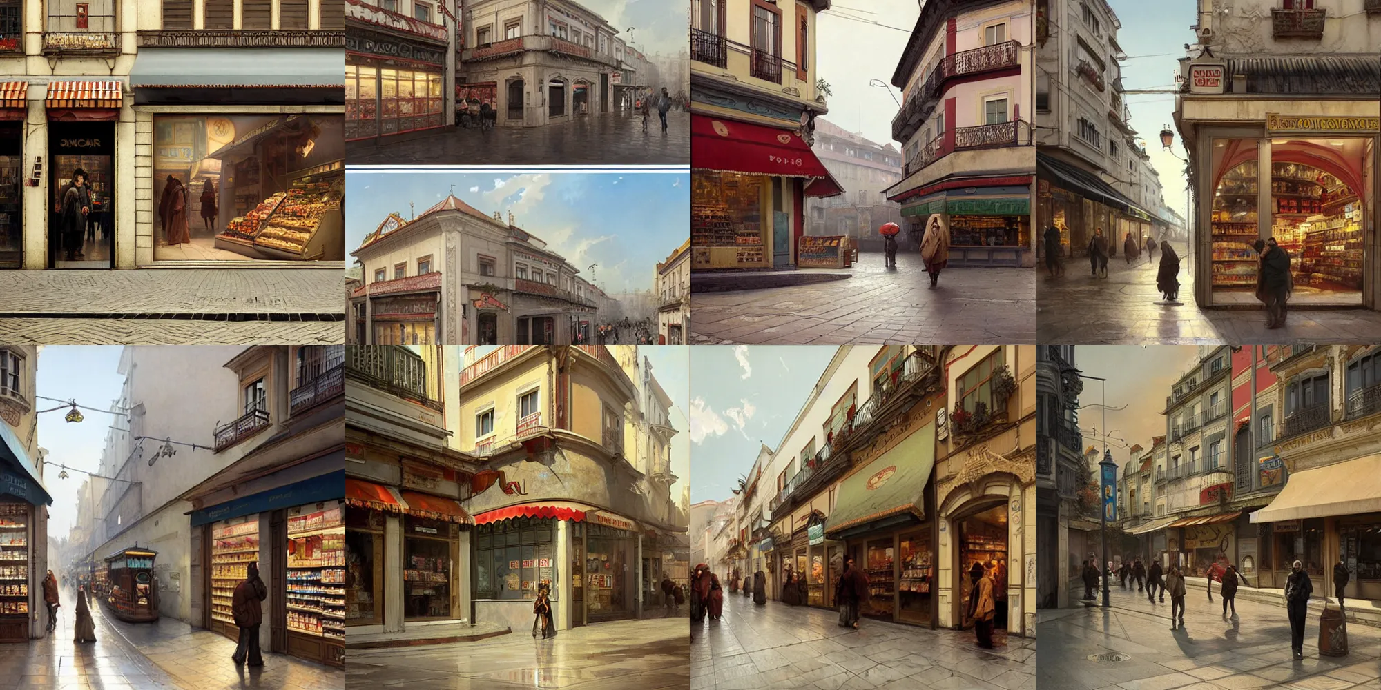 Prompt: a convenience store of 2022 portugal lisbon on the street of a matte painting art by Greg Rutkowski, architecture by alphonse mucha