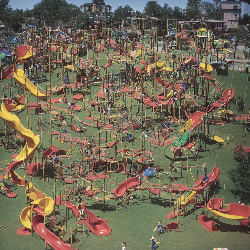 Image similar to full - color 1 9 7 0 s photo of a vast incredibly - large complex very - dense tall many - level playground in a crowded schoolyard. the playground is made of wooden planks, rubber tires, metal bars, and ropes. it has many spiral staircases, high bridges, ramps, balance beams, and metal tunnel - slides.