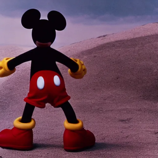 Image similar to Mickey Mouse the destroyer of worlds, photorealistic, film still, desolate