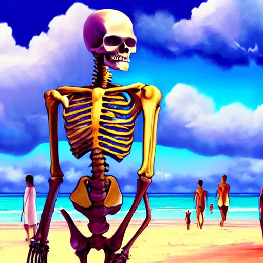 Image similar to Beautiful digital painting portrait of relaxed skeleton walking on the tropical beach with nuclear bomb explosion in the background, high quality, trending on Artstation, realistic, tropical color scheme, anatomically correct skeleton, high coherence, clear blue sky