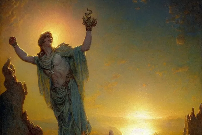 Prompt: illustration of a mythical hero standing at the top of a mountain with the sun in his hands, holding it up to shine over the world. mythology. art by gaston bussiere.