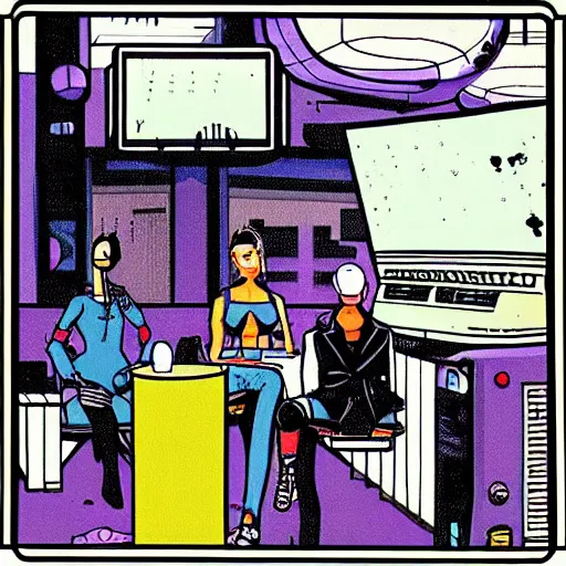 Image similar to “surreal cyberpunk comic book illustration of a punk sitting in booth smoking watching a 1970s tv with a beautiful female cyborg commander on the screen in dystopian dive bar, cybercore, fine detail”