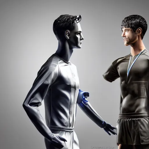 Image similar to a realistic detailed photo of a guy who is an attractive humanoid who is half robot and half humanoid, who is a male android, attractive and handsome soccer players, shiny skin, posing like a statue, blank stare, in a factory, on display, showing off his muscles, wearing soccer shorts, side view, looking at each other mindlessly